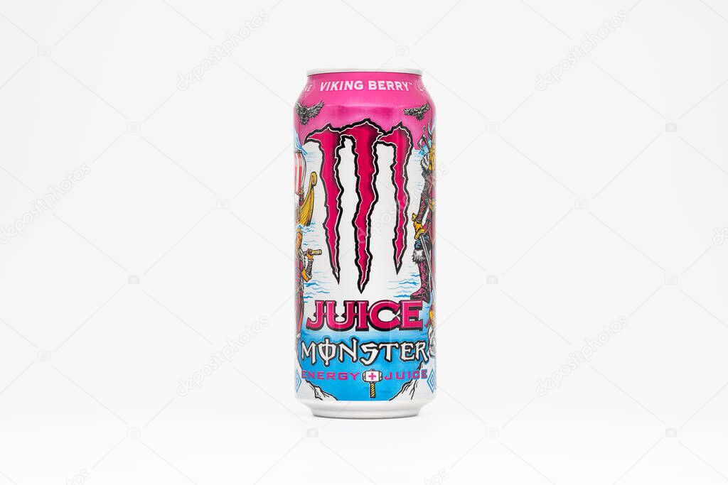 DRESDEN, GERMANY - 24. April 2025: Monster Energy Juice Viking Berry beverage. The can design has artistic viking characters and items. The flavor is dominated by a berry blend.