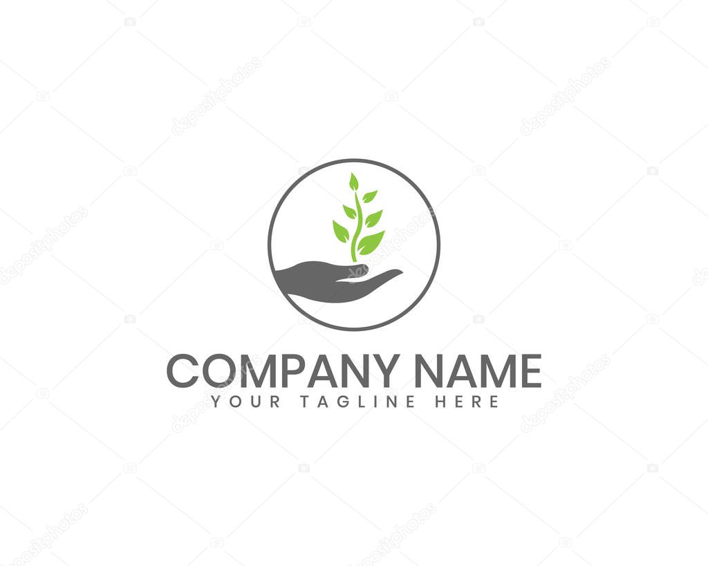 Hand Holding Seedling Logo. Growth and Sustainability Design. Hand Supporting Young Seedling Design.