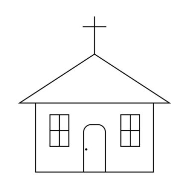 Kilise binası ikonu. Hristiyan dini sembolü. Basit kutsal yapı. Vektör çizgisi. EPS 10.