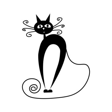 Şekil verilmiş kedi figürü. Siyah kedi şekli. Kıvırcık bıyık vektörü. Çizgi film hayvan silueti. EPS 10.