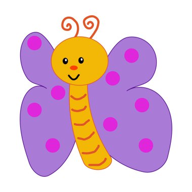 Şirin kelebek çizimi. Mutlu gülen böcekler. Mor pembe kanatlar. Vektör çizgi film çizimi. EPS 10.