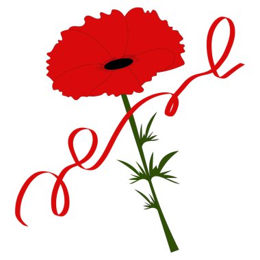 Kırmızı gelincik çiçeği. Kıvrımlı kurdele şekli. Yeşil çiçek sapı. Vektör botanik bileşimi. EPS 10.