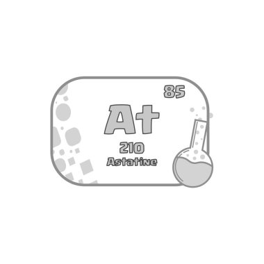 Astatin element sembolü. 85 numaralı detay. Vektör kimya ikonu. Gri matara çizimi. EPS 10.