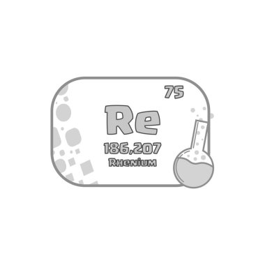 Renyum element sembolü. 75 numaralı detay. Vektör kimya ikonu. Gri matara çizimi. EPS 10.
