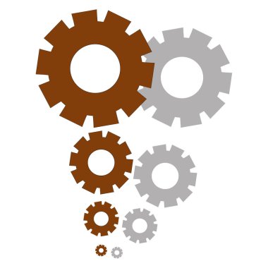 Vites mekanizması simgesi. Endüstri takım çalışması sembolü. Kahverengi gri tekerlekler. Vektör mühendisliği çizimi. EPS 10.