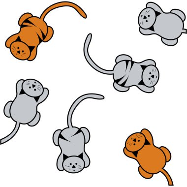 Kedi desenli çizim. Turuncu ve gri tonlarda. Vektör oyuncu kediler. Rahat pozlar. EPS 10.