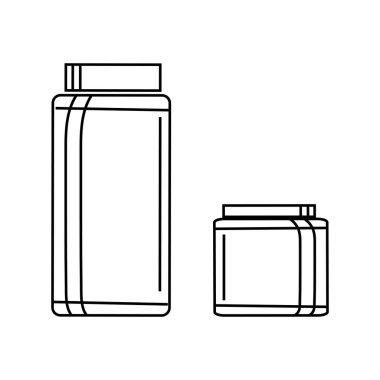 Uzun kozmetik kavanozları. Cilt bakımı şişesi simgeleri. Siyah şapka detayı. Vektör silueti. EPS 10.