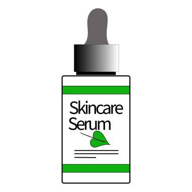 Cilt serumu şişesi. Yeşil etiket vektörü. Düşüren top tasarımı. Yaprak ikonu detayı. EPS 10.
