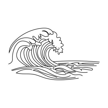 Okyanus dalga ikonu. Deniz hareketi sembolü. Vektör eğrisi çizimi. Siyah taslak detaylar. EPS 10.
