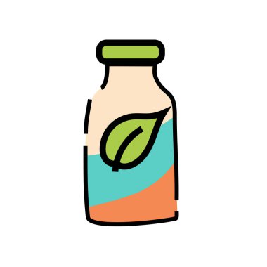 Eko şişe ikonu. Yeşil yaprak amblemi. Mavi turuncu palet. Vektör doğa ürünü. EPS 10.