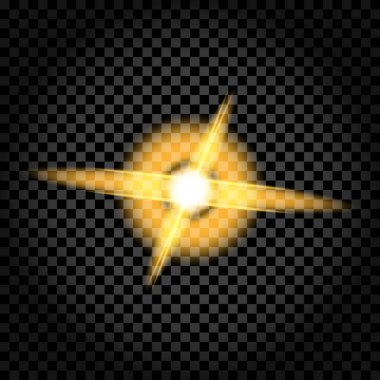 Sarı yıldız patladı. Parlak ışıldayan ışınlar. Kozmik ışık etkisi. Vektör çizimi. EPS 10.