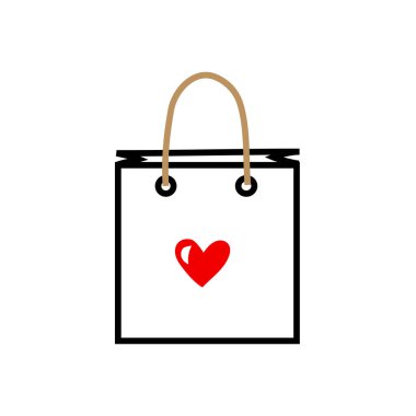 Alışveriş poşeti ikonu. Kırmızı kalp sembolü. Hediye konseptine bayılırım. Vektör çizimi. EPS 10.