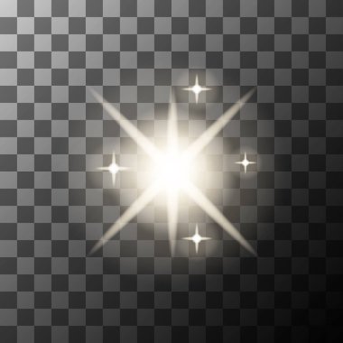 Yıldız parlaklık ikonu. Parlak işaret fişeği. Vektör ışığı amblemi. Damalı şeffaf taban. EPS 10.