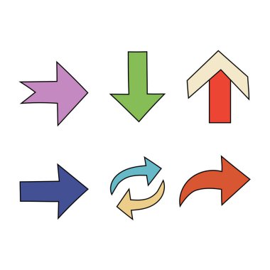 Ok vektör simgesi. Yön işareti şekli. Renkli kılavuz tasarımı. Beyaz arkaplan sembolü. EPS 10.