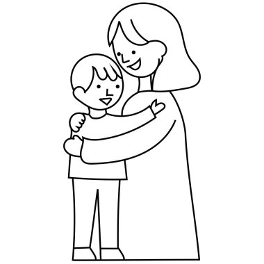 Anne oğul ikonu. Aile aşk sembolü. Sıcak sarılma tasarımı. Vektör beyaz arka plan. EPS 10.