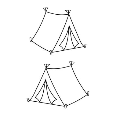 Basit kamp çadırları. Barınağın dış hatları. Vahşi doğa seyahati çizimleri. Vektör kontur çizimi. EPS 10.
