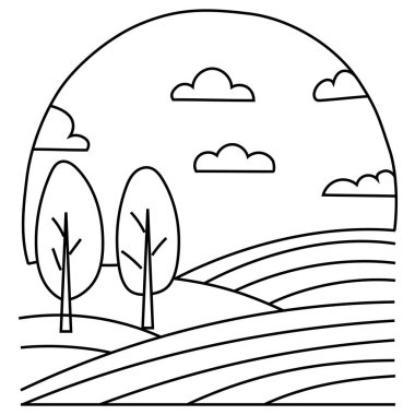 Orman manzarası tepeleri. Açık hava manzarası çizimi. Doğa Ağaçları Vektörü. Kırsal park manzarası. EPS 10.