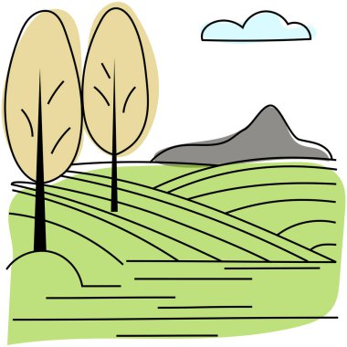 Kırsal manzara tepeleri. Kırsal ağaç çizimi. Doğa Manzarası Vektörü. Yeşil alan manzaralı. EPS 10.