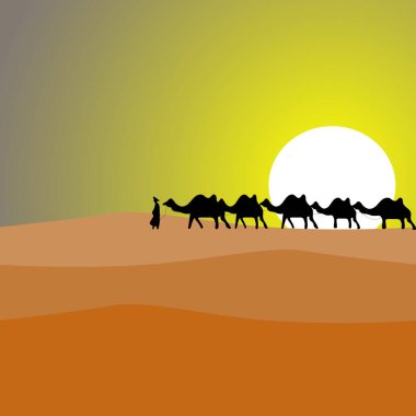 Çöl kervanı sahnesi. Deve hayvan nakli. Kum tepeciği manzarası. Vektör seyahat illüstrasyonu. EPS 10.