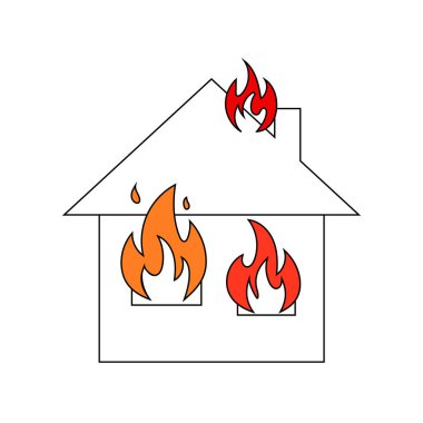 Ev yangını. Bina yıkım sembolü. Ev yakma sahnesi. Yangın güvenlik vektörü. EPS 10.