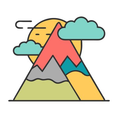Dağ manzarası. Doğa sahnesi illüstrasyonu. Açık hava macera vektörü. Güneş ışığı gökyüzü grafiği. EPS 10.