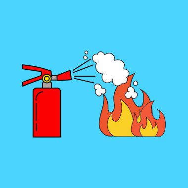 Yangın söndürücü aksiyonu. Alev bastırma illüstrasyonu. Güvenlik ekipmanı vektörü. Acil yangın söndürme. EPS 10.
