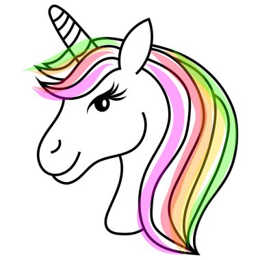 Efsanevi yaratık çizimi. Tek boynuzlu at kafası sanatı. Renkli yeleli Vektör. Fantezi hayvan amblemi. EPS 10.