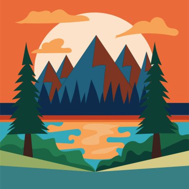 Dağ manzarası çizimi. Doğa Manzarası Vektörü. Açık hava macera grafiği. Gün batımı ufuk çizgisi. EPS 10.