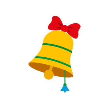 Altın çan ikonu. Kırmızı yay aksanı. Şenlik müziği sembolü. Parlak tatil vektörü. EPS 10.