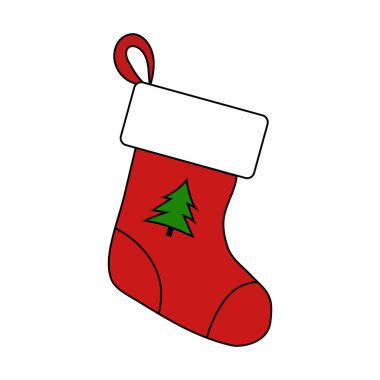 Kırmızı Noel çorabı. Kutsal yaprak süslemesi. Vektör bayram sembolü. Basit bir festival objesi. EPS 10.