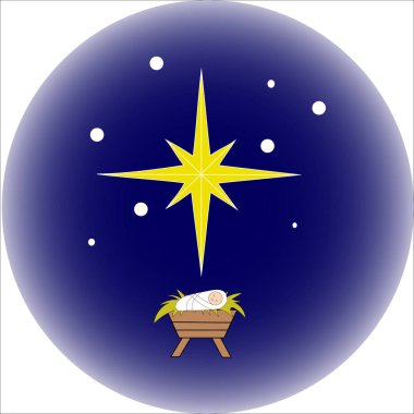 Noel yıldızı çizimi. Parlayan yemlik taşıyıcısı sembolü. Kış tatili sahnesi. Parlak gece gökyüzü. EPS 10.