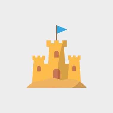 Kumdan kale ikonu. Plaj yaz sembolü. Çocuk oyuncağı üretimi. Vektör tatil illüstrasyonu. EPS 10.