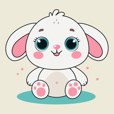 Büyük mavi gözleri, pembe kulakları ve tombul yanakları olan sevimli kawaii tarzı tavşan. Çocuk tasarımları ve dekorasyonları için mükemmel bir dijital illüstrasyon. Vektör illüstrasyonu