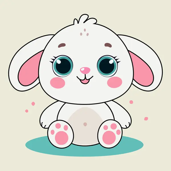 Büyük mavi gözleri, pembe kulakları ve tombul yanakları olan sevimli kawaii tarzı tavşan. Çocuk tasarımları ve dekorasyonları için mükemmel bir dijital illüstrasyon. Vektör illüstrasyonu