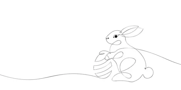 Minimalist ve modern sanat tarzında yaratılmış süslü bir yumurtayı elinde tutan bir Paskalya tavşanı çizimi. Vektör illüstrasyonu