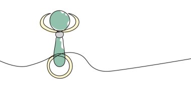 Bebek çıngırağının sürekli çizimi bebek oyuncaklarını, çocuk bakımını ve çocukluk çağındaki gelişimi minimalist sanatsal tarzda sembolize eder. Vektör illüstrasyonu