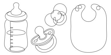 Bir şişe, emzik, önlük ve diş çıkarma oyuncağı da dahil olmak üzere bebeklerin temel ihtiyaçlarının modern, minimalist bir gösterimi. Bebek esasları bir çizgi ikonu. Vektör illüstrasyonu