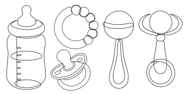 Bir şişe, emzik, çıngırak ve diş çıkarma halkası da dahil olmak üzere bebek gereksinimlerini gösteren siyah beyaz çizgili bir resim. Bebek esasları bir çizgi ikonu. Vektör illüstrasyonu