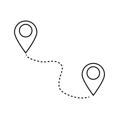 Minimalist siyah-beyaz simgesi, yön bulma, seyahat ya da GPS yönünü temsil eden iki konum lobutunu birbirine bağlayan kesik bir rota gösteriyor. Vektör illüstrasyonu