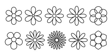 10 basit siyah çiçek sembolü koleksiyonu. Doğayı, dekorasyonu, ilkbaharı, botaniği ve grafik tasarım elementlerini temsil eden minimalist çiçek tasarımları. Vektör illüstrasyonu