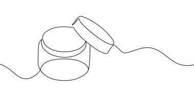 Kapağı açık bir kavanozun basit bir çizimi. Cilt bakımını, kozmetik ürünlerini, depolamayı veya ambalajlamayı temsil eden minimalist siyah taslak sanat. Açık kavanozun sürekli bir simgesi. Tek satırlık açık bir kavanozun simgesi. Vektör illüstrasyonu