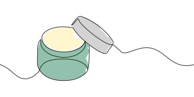 Açık bir kavanozun tek çizgi çizimi. Kapağı pastel renkte açılmış. Cilt bakımını, kozmetiği, ambalajı, ambalajı temsil eden minimalist tasarım. Açık kavanozun sürekli bir simgesi. Tek satırlık açık bir kavanozun simgesi. Vektör illüstrasyonu