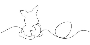 Yumurtayla oturan bir Paskalya tavşanının basit bir çizimi. Minimalist ve sanatsal tasarım, modern dekor ve Paskalya teması için ideal. Paskalya tavşanı bir çizgi ikonu. Vektör illüstrasyonu