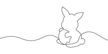 Yumurta tutan bir Paskalya tavşanının basit bir çizimi, minimalist ve sanatsal tarzda tasarlanmış, modern dekor ve tasarım için mükemmel. Paskalya tavşanı. Vektör illüstrasyonu