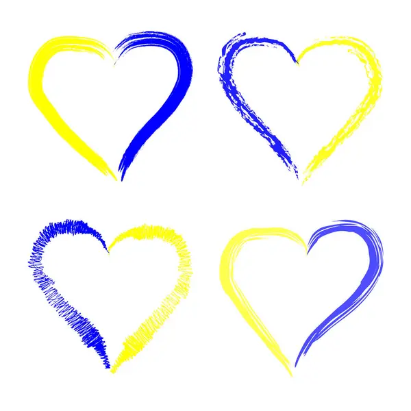 Aşkı ve birliği sembolize eden, fırça darbeleriyle yaratılmış, mavi ve sarı dört kalp şeklindeki bir illüstrasyon. Ukrayna 'yı seviyorum. Vektör illüstrasyonu