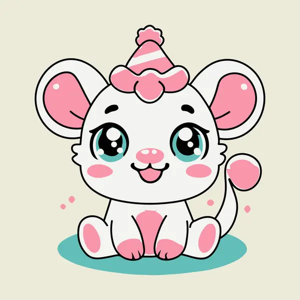 Büyük gözleri, pembe detayları ve parti şapkası olan sevimli kawaii tarzı çizgi film faresi. Çocuk tasarımları ve kutlamalar için sevimli dijital illüstrasyon. Vektör illüstrasyonu 