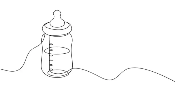 Meme ucu olan bir bebek şişesinin sürekli çizimi bebek bakımını, beslenmeyi ve ebeveynliği minimalist bir şekilde sembolize ediyor. Vektör illüstrasyonu