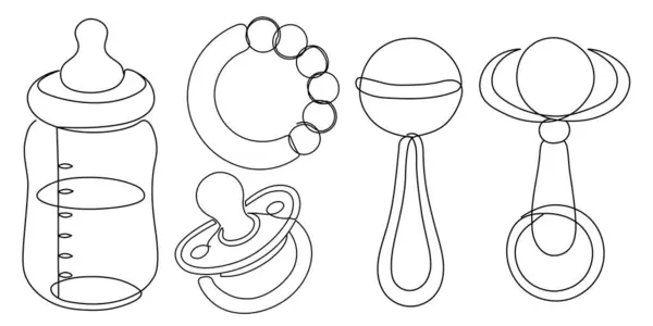 Bir şişe, emzik, çıngırak ve diş çıkarma halkası da dahil olmak üzere bebek gereksinimlerini gösteren siyah beyaz çizgili bir resim. Bebek esasları bir çizgi ikonu. Vektör illüstrasyonu