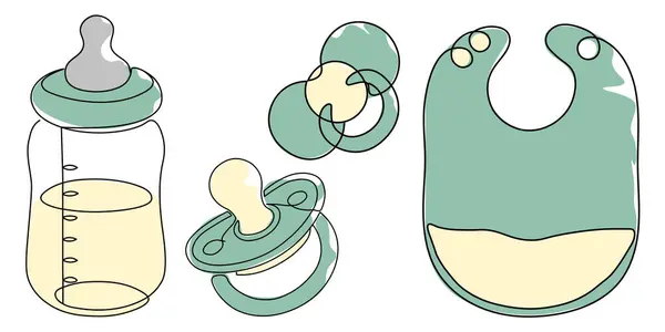 Bir şişe, emzik, önlük ve diş çıkarma oyuncağı, yumuşak pastel yeşili ve bej renginde bebek özlerinin modern, minimalist bir tasviri. Bebek esasları bir çizgi ikonu. Vektör illüstrasyonu