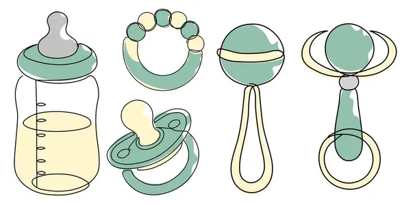 Bir şişe, emzik, çıngırak ve diş çıkarma halkası da dahil olmak üzere yumuşak pastel renkte bebek özlerinin yer aldığı siyah ve beyaz çizgili bir resim. Bebek esasları bir çizgi ikonu. Vektör illüstrasyonu